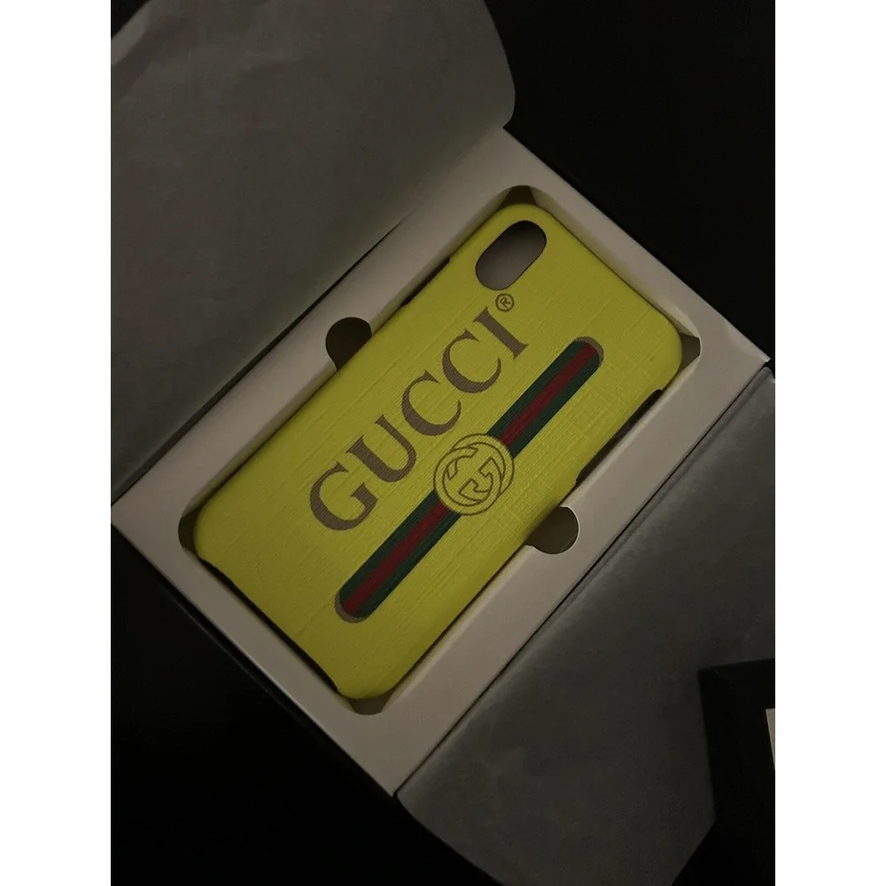 Gucci Spellout Box & Fluorescent Yellow iPhone X Textured Case Retro Logo